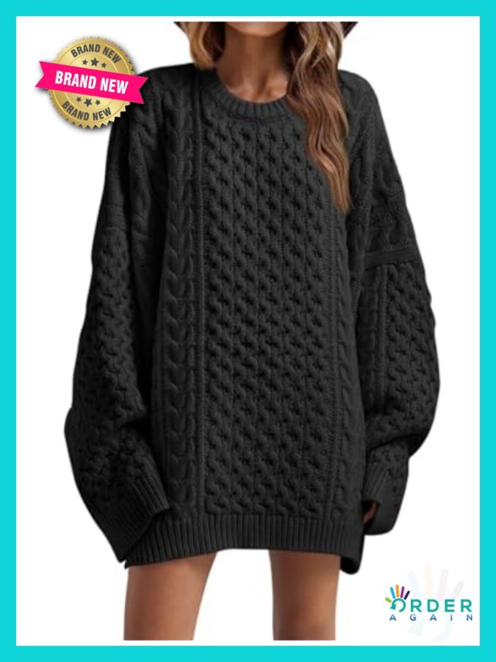Oversized Chunky Cable Knit Tunic Sweater Crewneck Long Sleeve Loose Fit